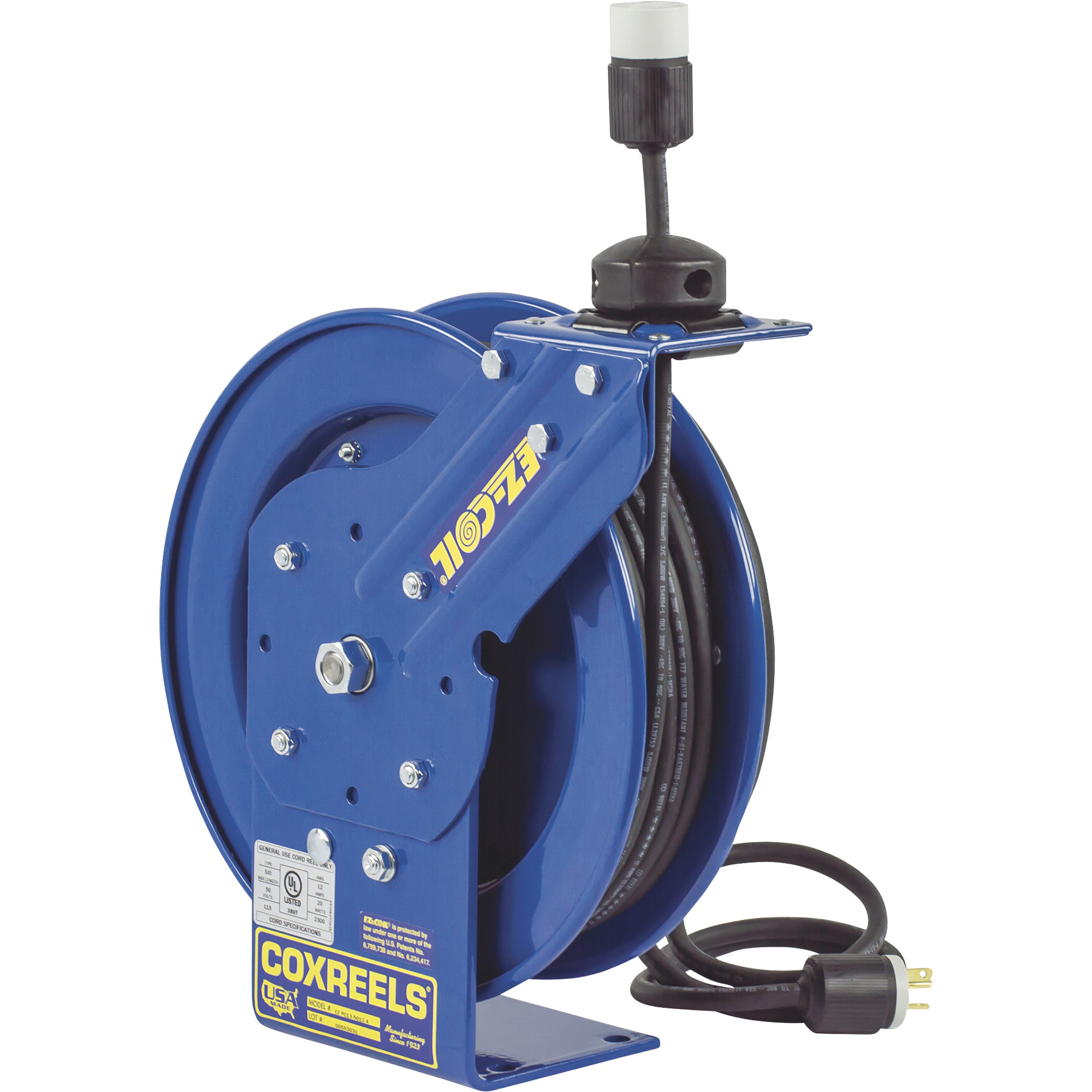 Coxreels EZ-Coil Safety Series Power Cord Reel, 50ft., 12/3 Gauge Cord with Single Outlet, Model# EZ-PC13-5012-A